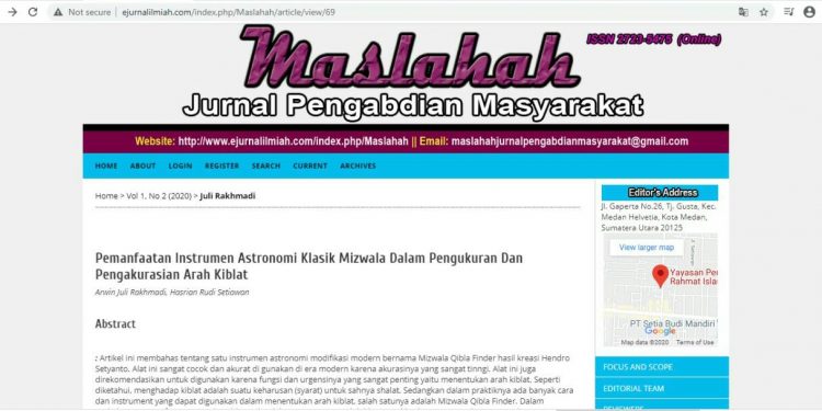 JURNAL : Pemanfaatan Instrumen Astronomi Klasik Mizwala Dalam Pengukuran Dan Pengakurasian Arah Kiblat